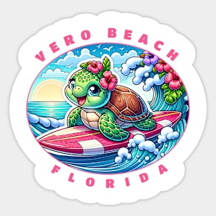 Vero Beach Florida Girls Cute Surfing Sea Turtle Sticker